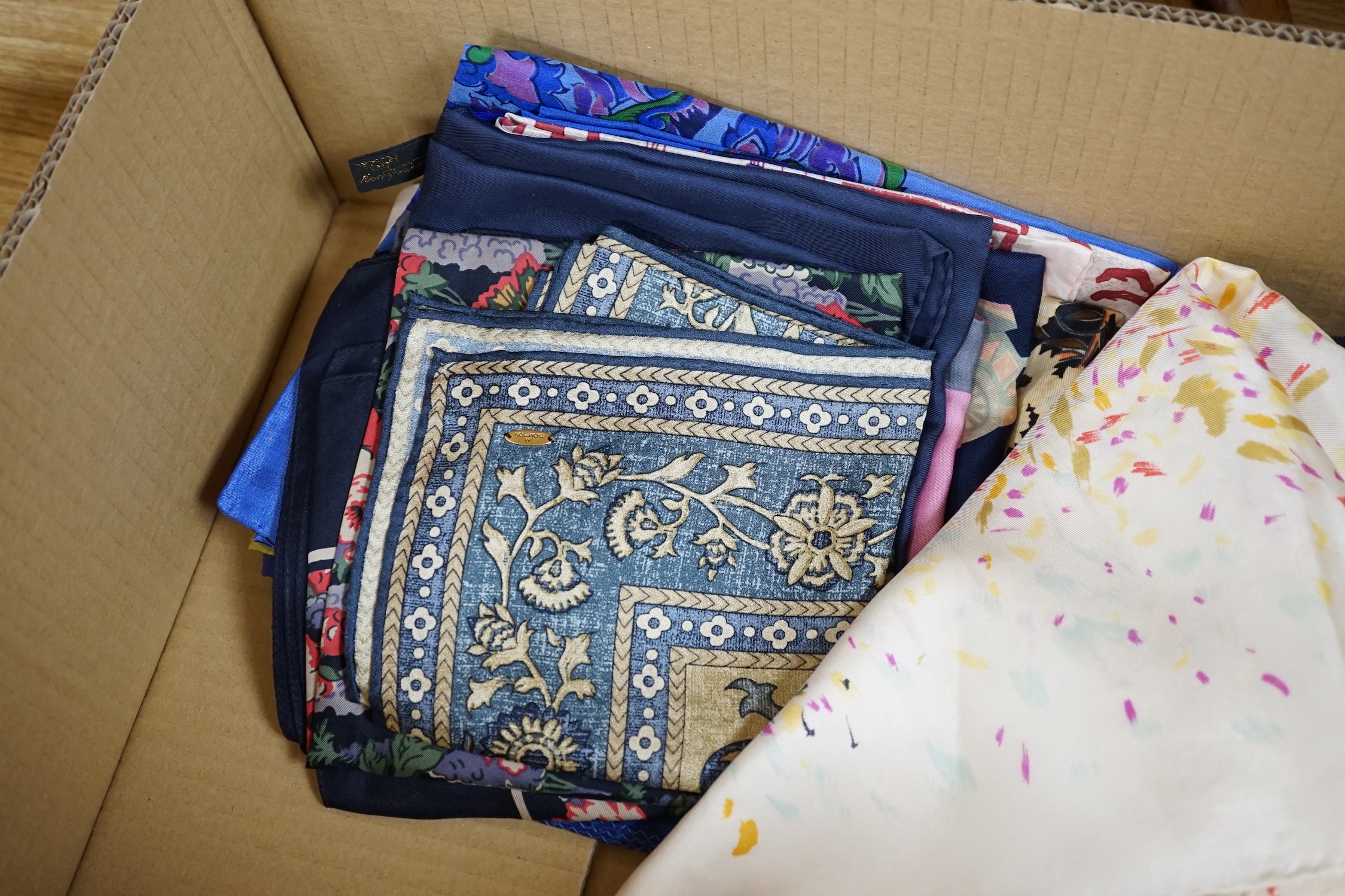 A group of silk and other scarves, kid gloves and three velvet ladies hats